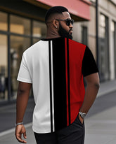 Men's Plus Size Daily Casual Black And Red Stripe Colorblock Printed Henry Collar Button Short Sleeve T-Shirt